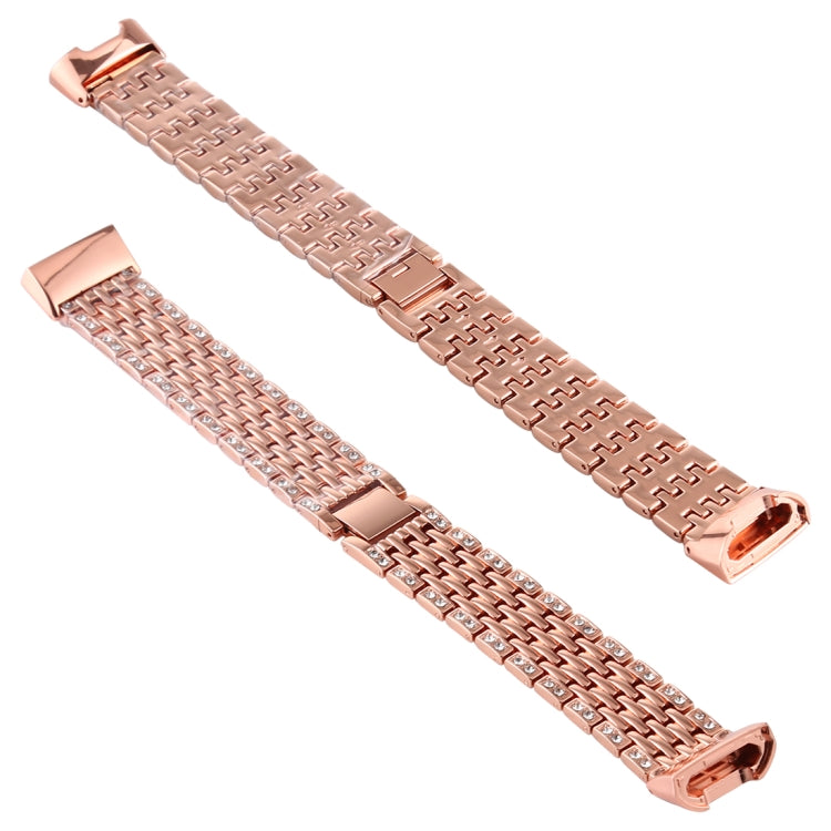 Rose gold diamond-studded stainless steel watch band with clasp and link pattern