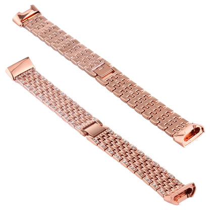 Rose gold diamond-studded stainless steel watch band with clasp and link pattern
