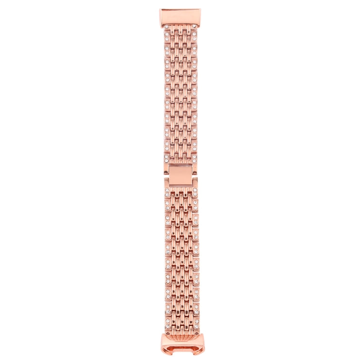 Rose gold diamond-studded stainless steel watch band, full length view