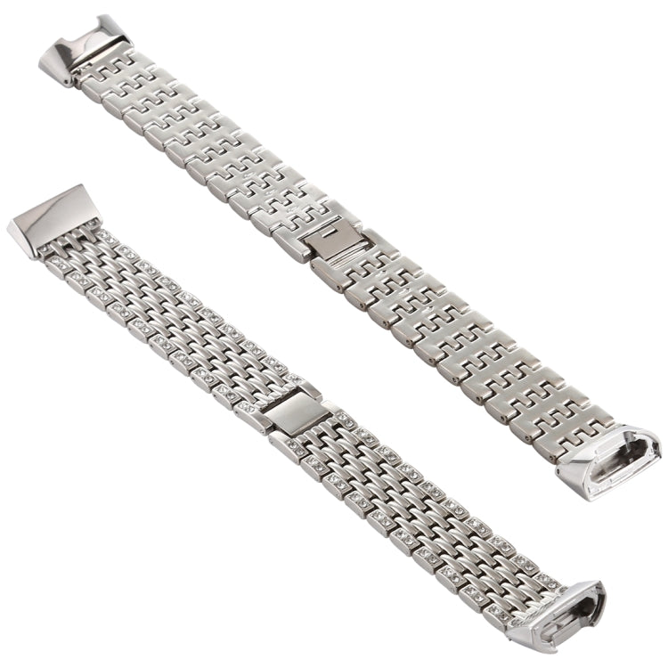 Silver diamond-studded stainless steel watch band with geometric link pattern