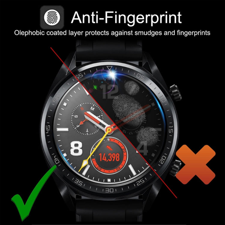 Round tempered glass film on 42mm watch face with smudge-resistant coating indication