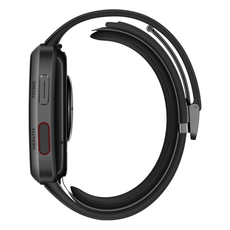 Black health smartwatch with curved strap, side buttons, and vertical health label