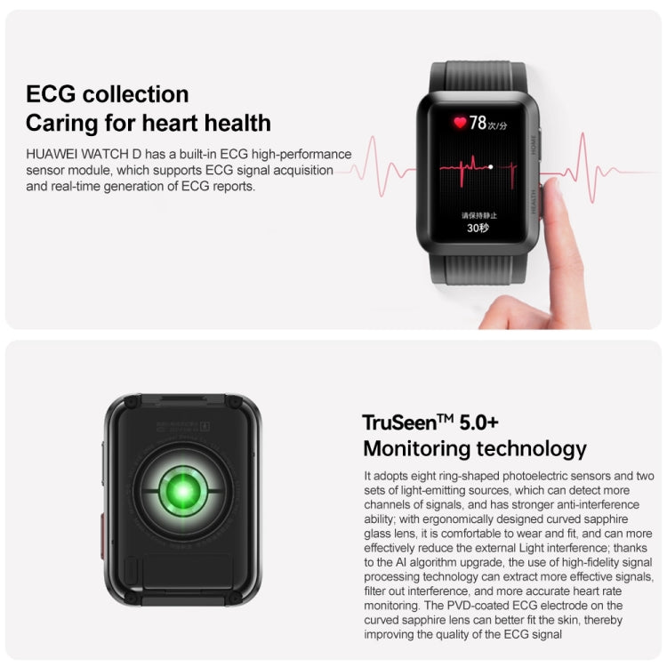 Black health smartwatch with hand visible, screen showing heart health ECG waveform