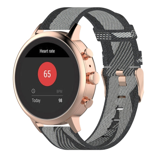 Grey striped nylon watch band with metal buckle and clasp for smartwatch.
