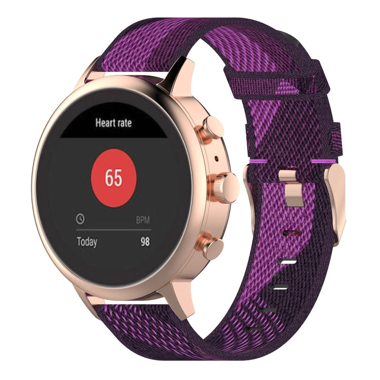 Purple striped nylon watch band with metal buckle and rose-gold clasp.