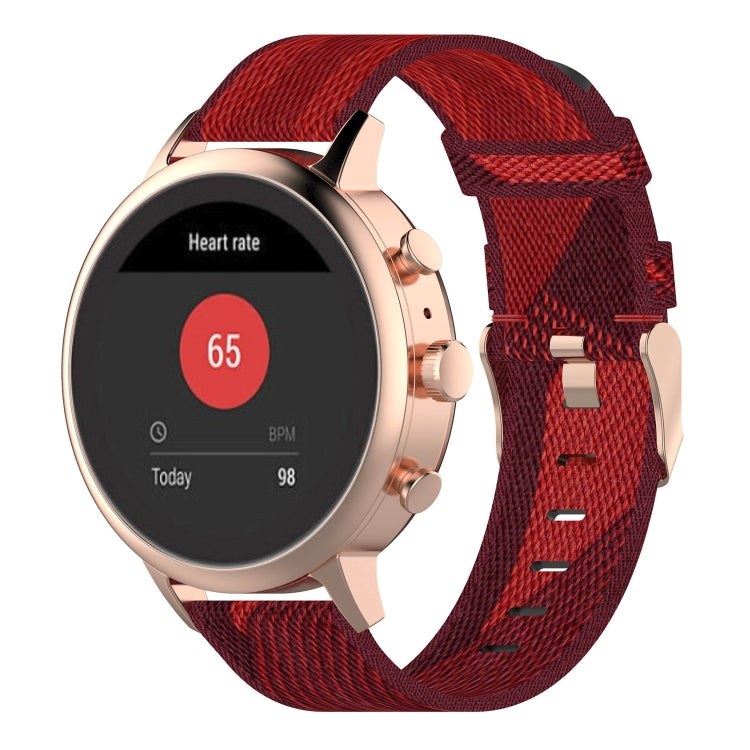 Red striped nylon watch band with metal buckle and adjustable pin hardware.