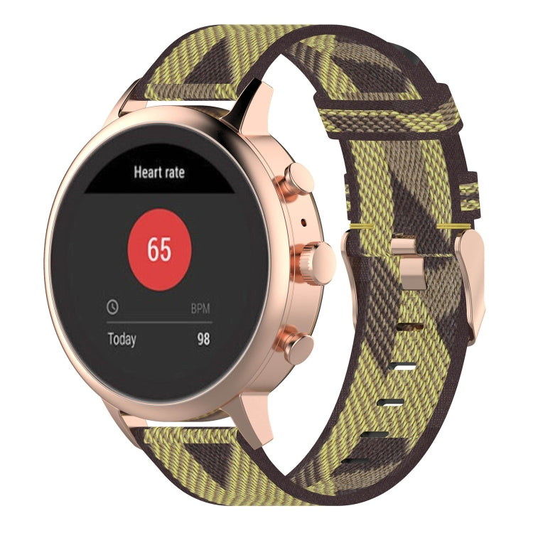 Yellow striped nylon watch band with metal buckle and smartwatch clasp.