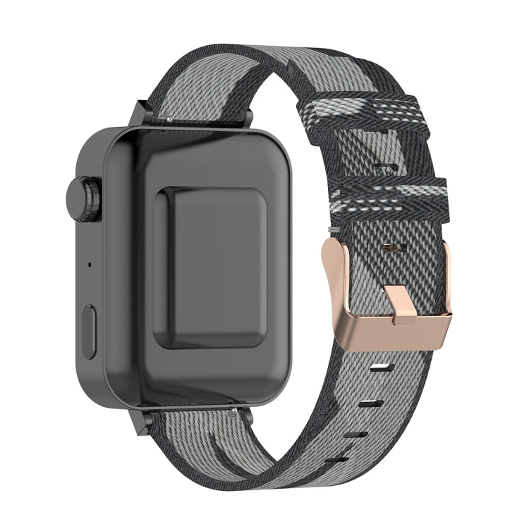 Grey and black striped nylon watch band for smartwatch, with buckle.