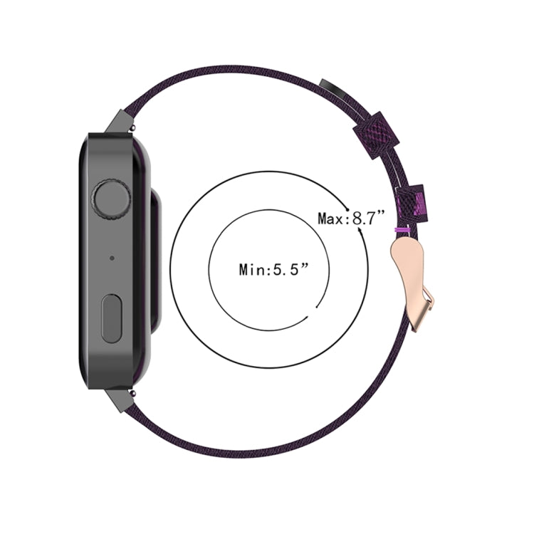 Purple striped nylon watch band with adjustable length and metal clasp.