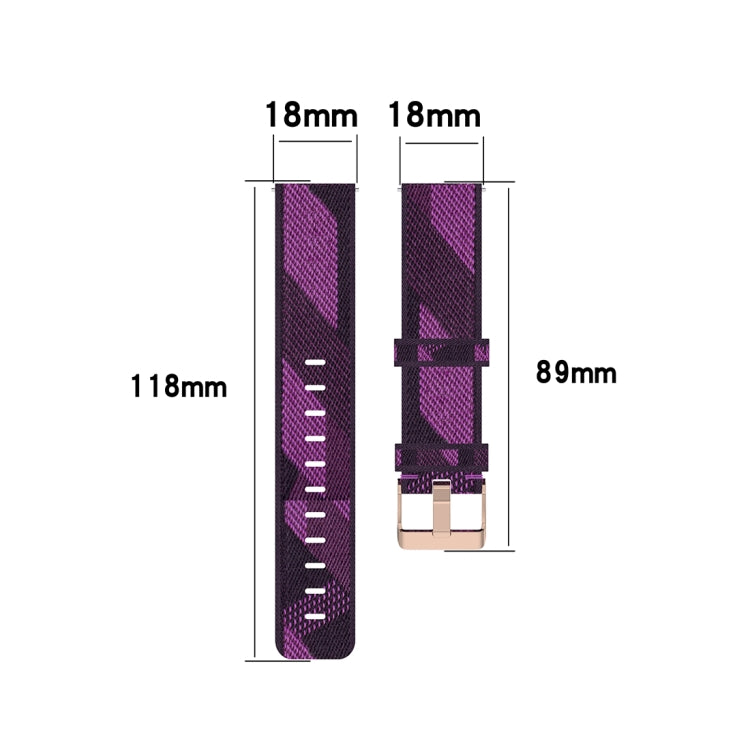 Purple striped nylon watch band with buckle and adjustable pin-hole rows.
