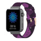 Purple striped nylon watch band with metal buckle and adjustable strap holes.