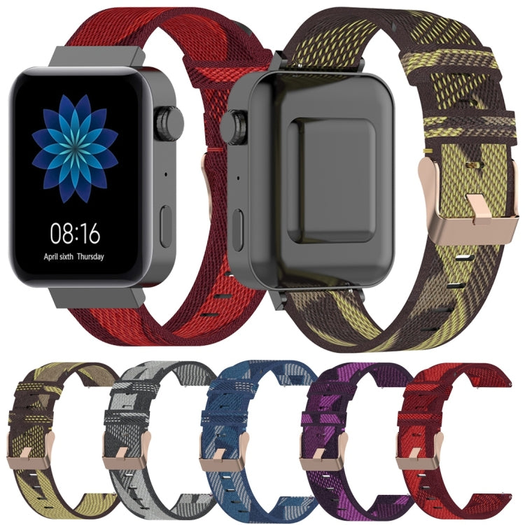 Striped nylon watch band with metal buckle, red and olive-gold pattern