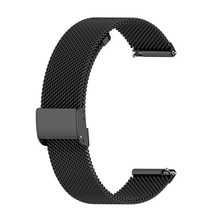 Black metal mesh watch band with rectangular clasp and adjustment holes