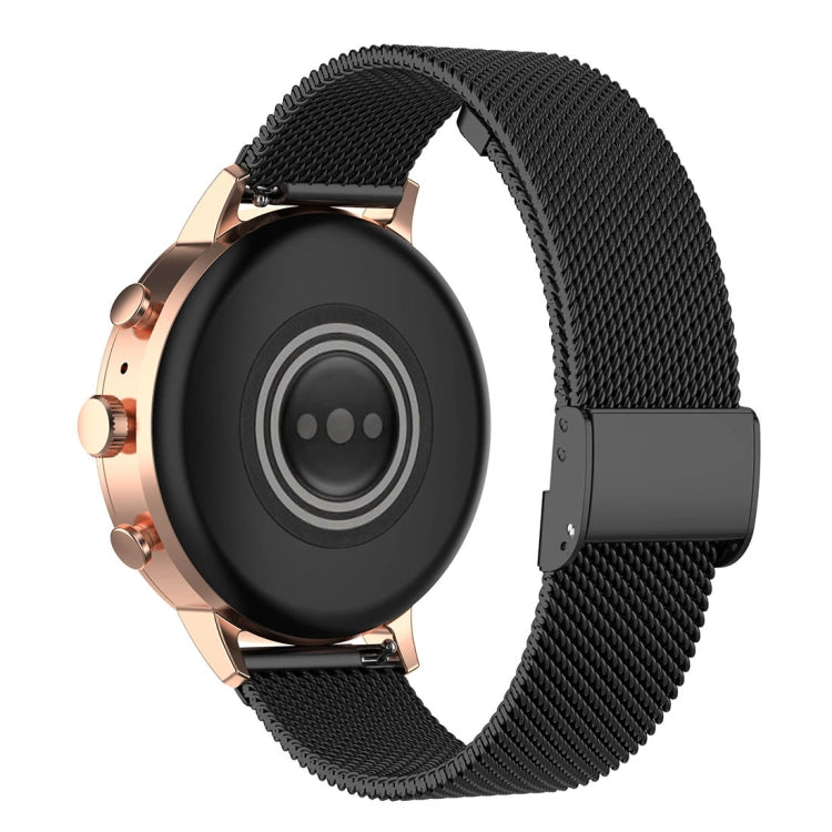 Black metal mesh watch band with rose-tone watch-side lugs and clasp