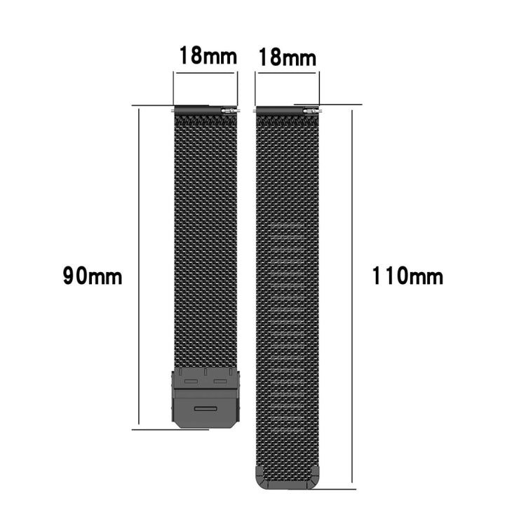 Watch band size diagram: 18mm width, 90mm and 110mm lengths