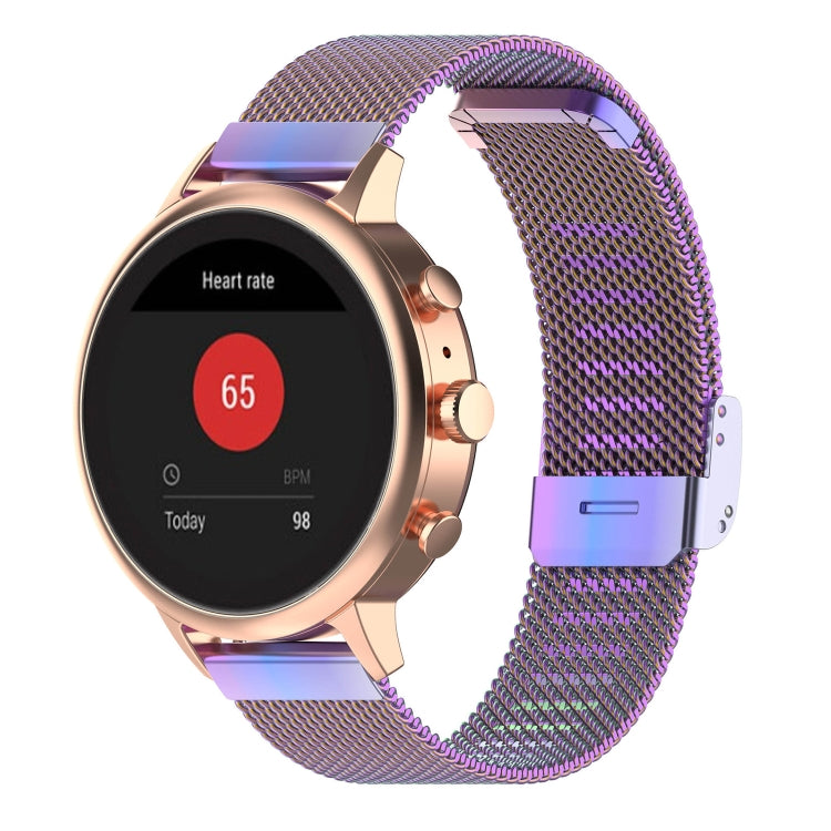 Purple iridescent metal mesh watch band with rectangular clasp