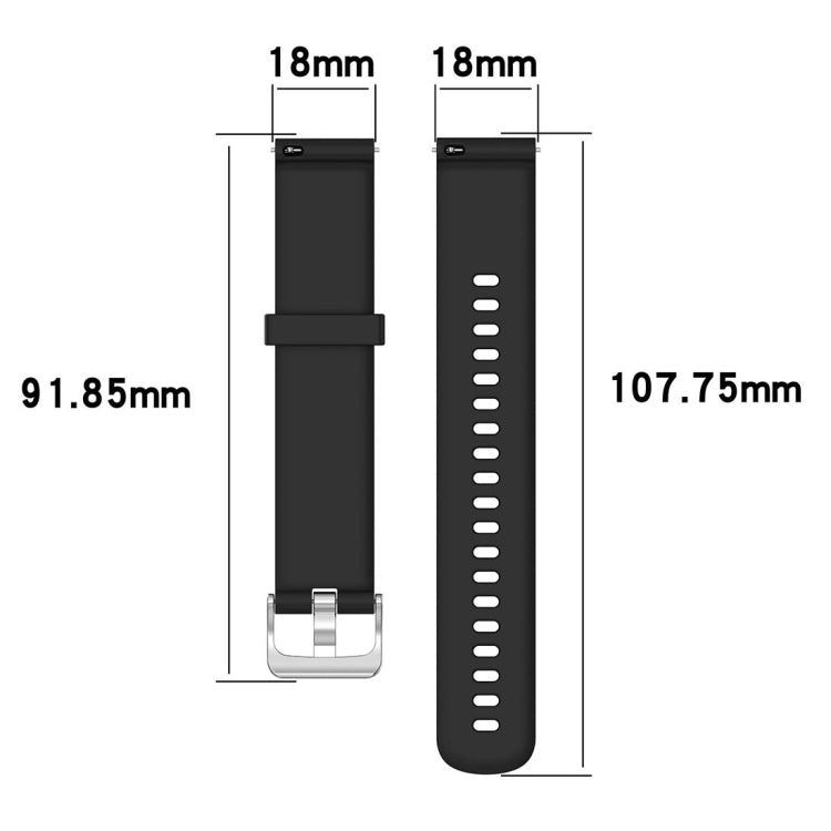 Silicone watch band size diagram: 18mm width; 91.85mm–107.75mm length