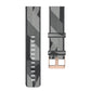Grey stripe weave nylon watch band end with rose-gold buckle and adjust holes