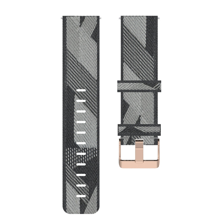 Grey stripe weave nylon watch band end with rose-gold buckle and adjust holes