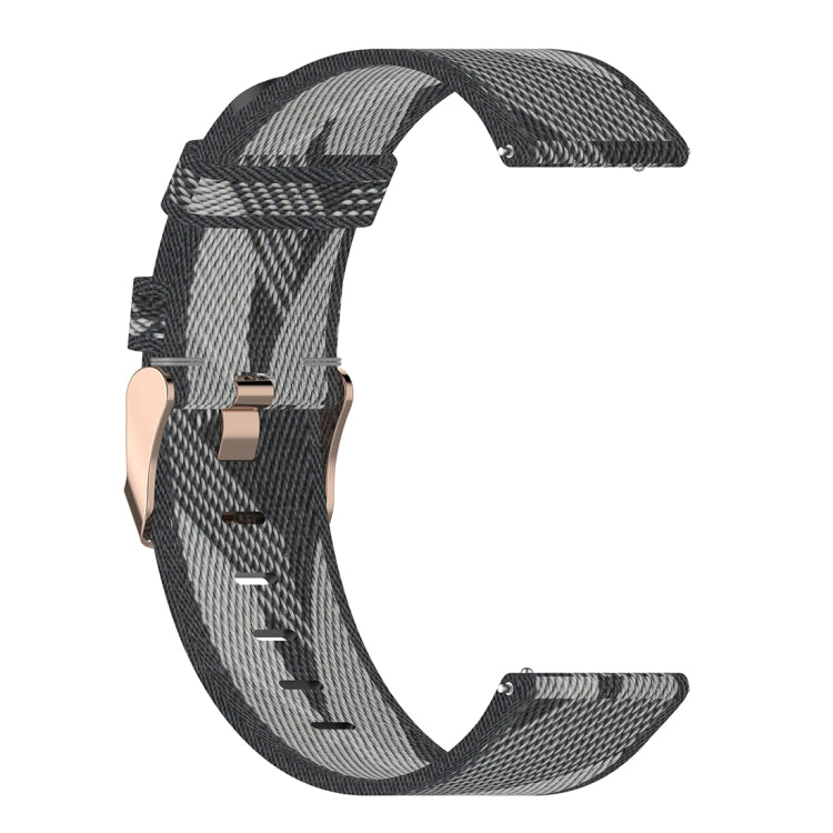 Grey 20mm stripe weave nylon watch band shown from side with rose-gold buckle