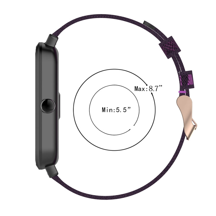 Purple 20mm stripe weave nylon watch band with adjustable buckle and strap loop