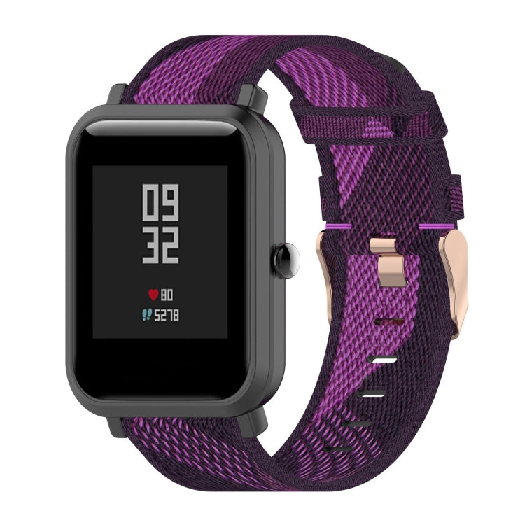 Purple 20mm stripe weave nylon watch band with adjustable rose-gold buckle