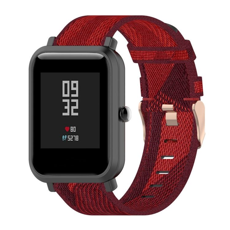 Red 20mm stripe weave nylon watch band with adjustable rose-gold buckle