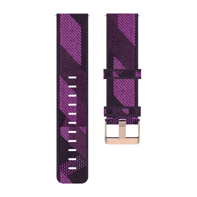 Purple stripe woven nylon watch strap with adjustable holes and metal buckle clasp