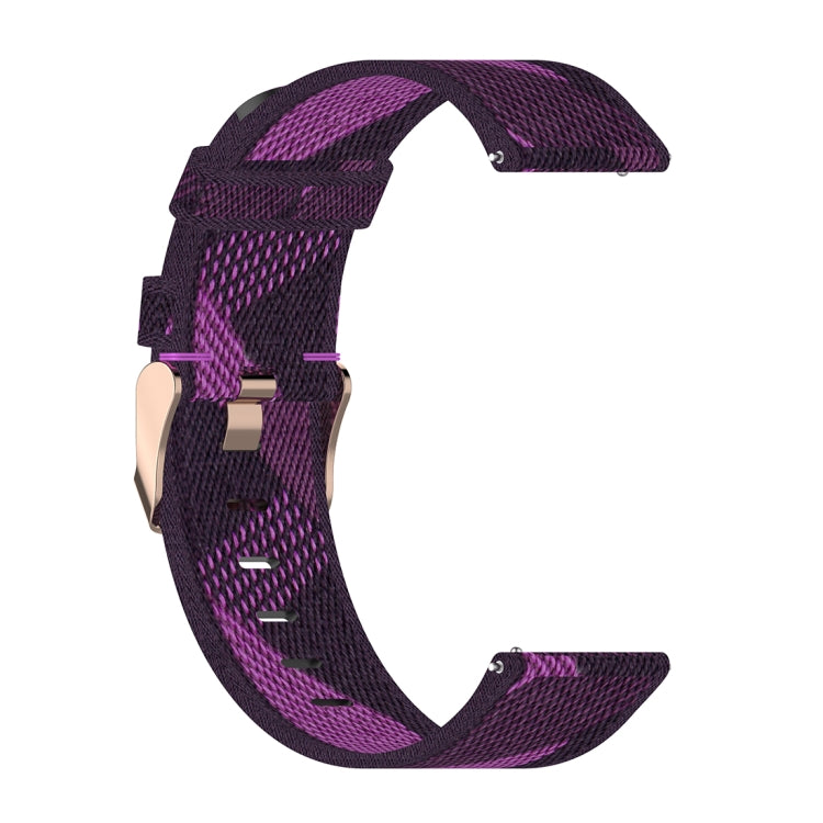 Purple stripe nylon watch band with stitched texture, metal buckle and connector lugs