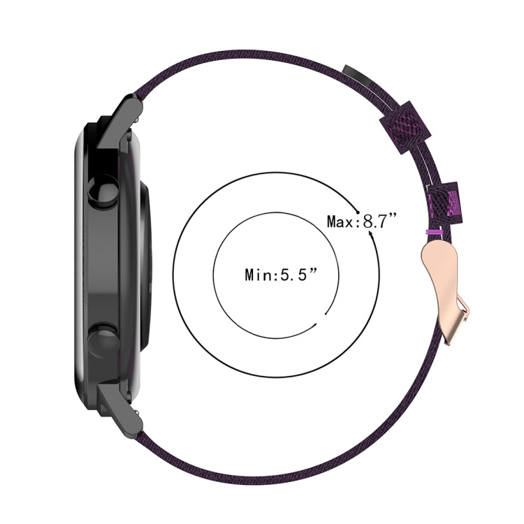 Purple stripe woven nylon watch strap with clasp and adjustable length markings