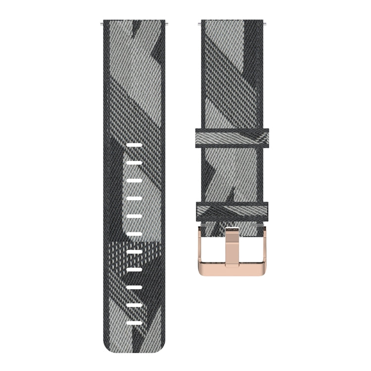 Grey nylon stripe-weave watch band with metal buckle and length adjustment holes