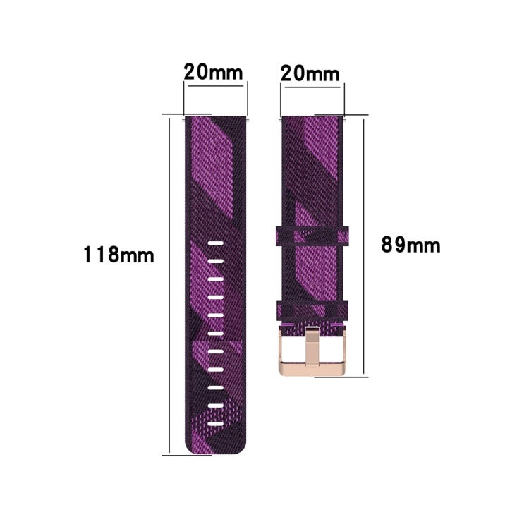 Purple nylon watch band size diagram with buckle and woven strap pattern
