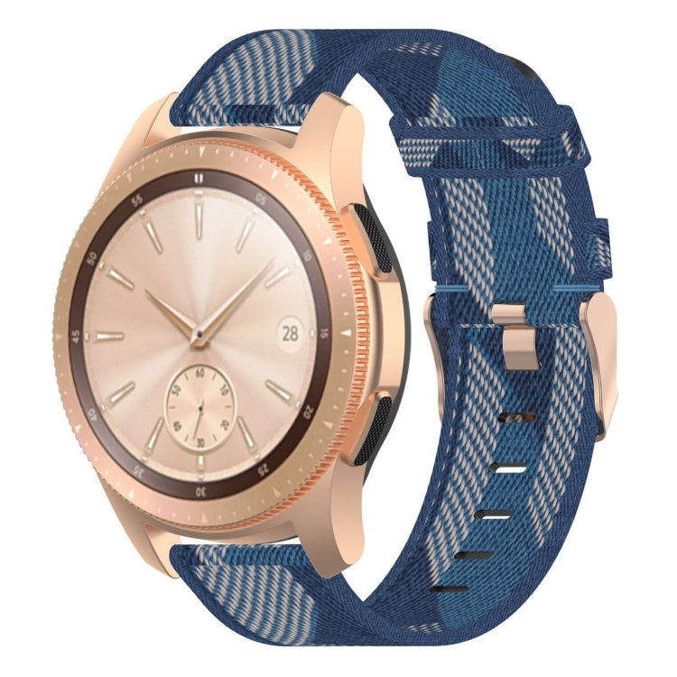 Blue nylon stripe-weave watch band with metal buckle and stitched adjustment holes