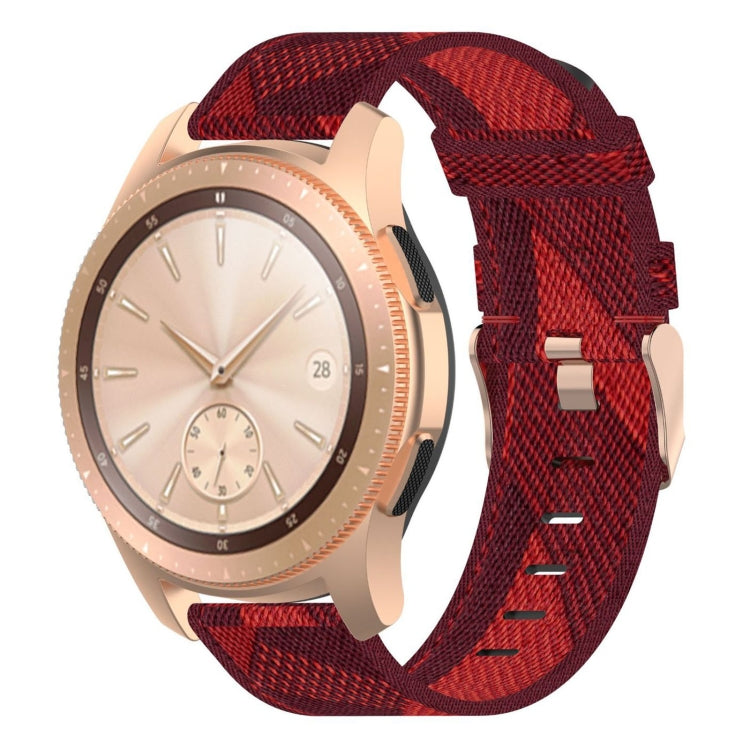 Red nylon stripe-weave watch band with metal buckle and stitched adjustment holes