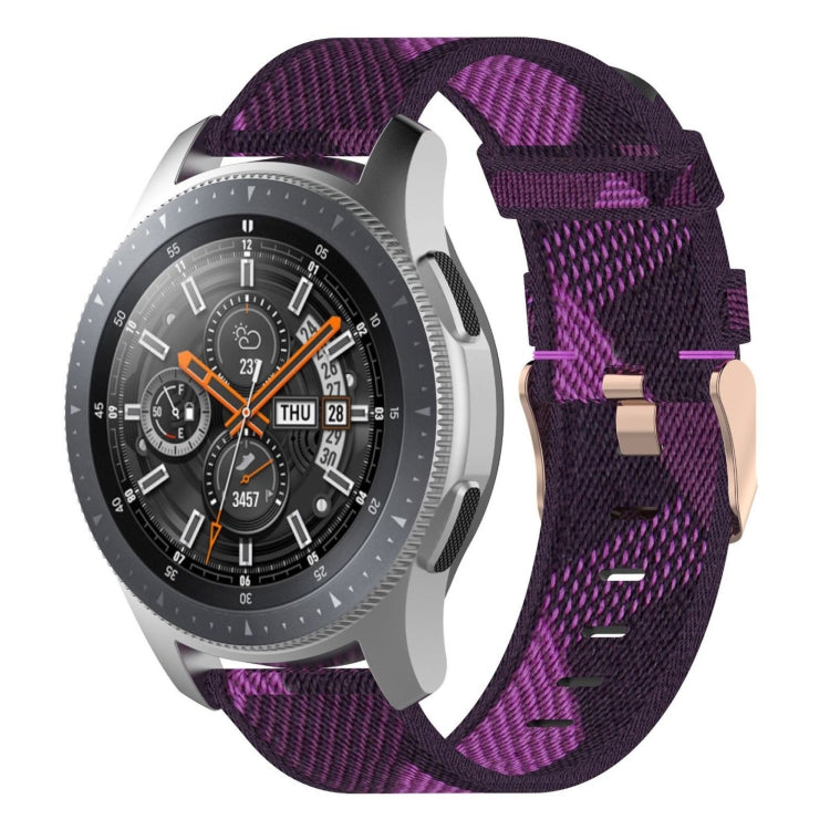 22mm purple woven nylon watch band with check pattern and metal buckle, for smartwatch.