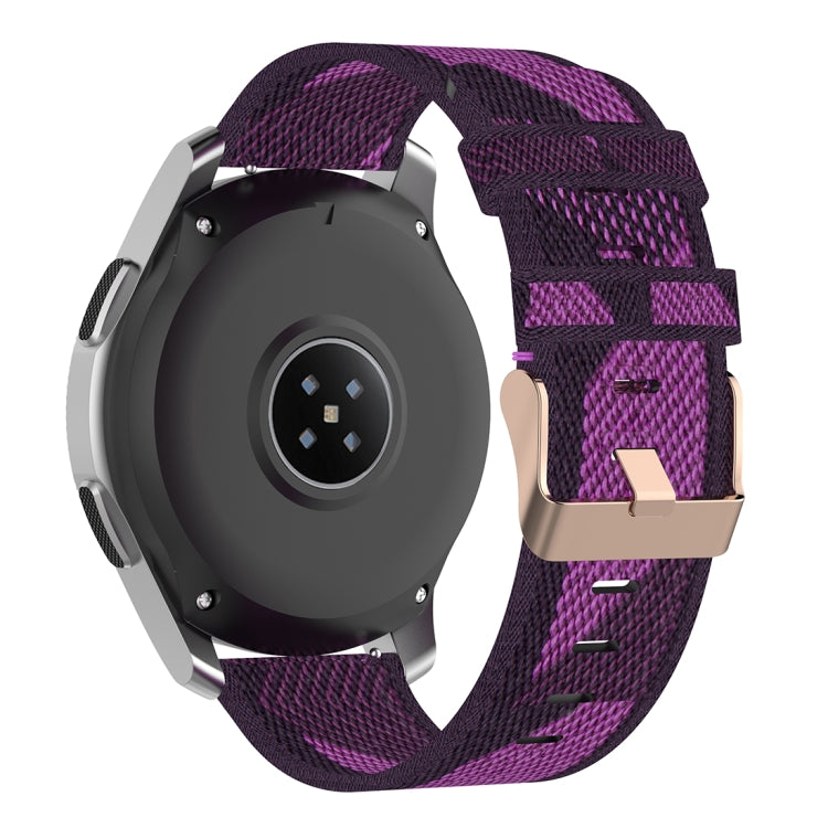 22mm purple woven nylon watch band with check pattern and rose-gold buckle on dark watch.