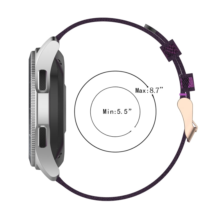 22mm purple woven nylon watch band with check pattern; adjustable strap with metal clasp.