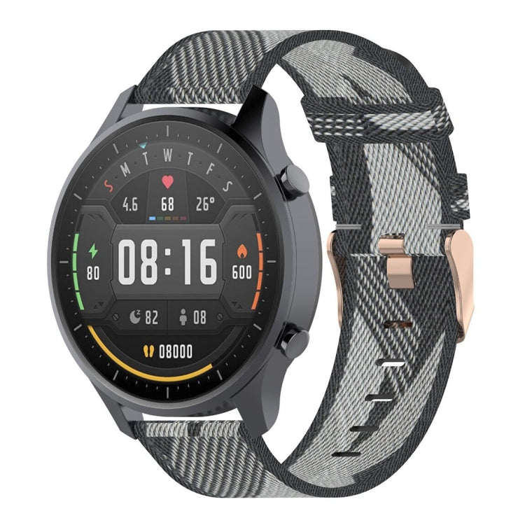 Nylon watch wrist strap with woven stripe pattern, dark grey and light grey, metal buckle.