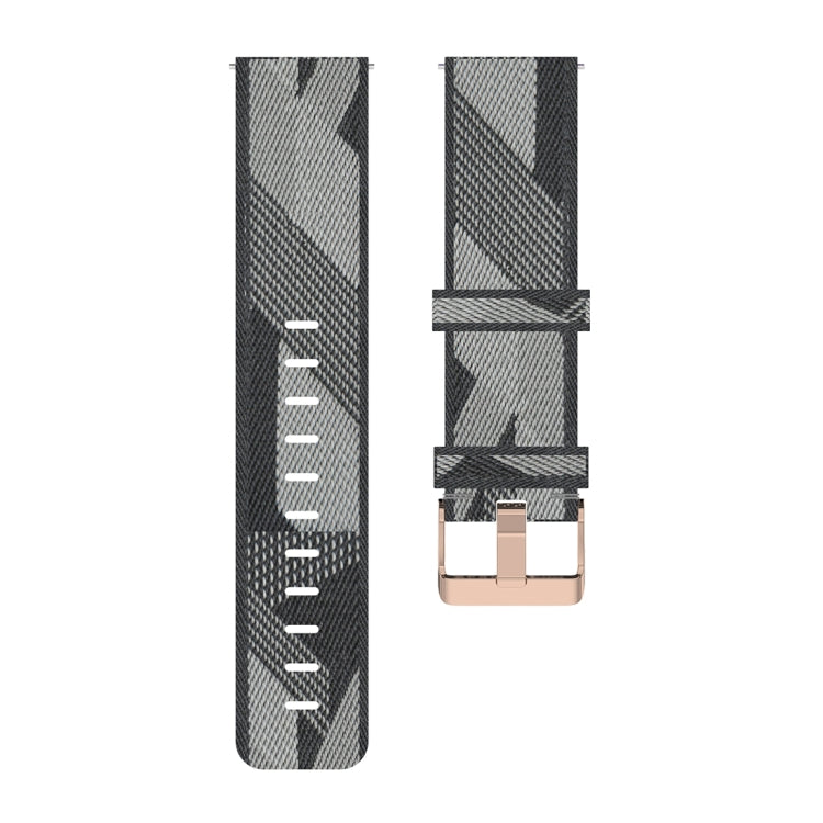 Woven nylon watch strap with striped fabric and metal buckle, dark grey and light grey.