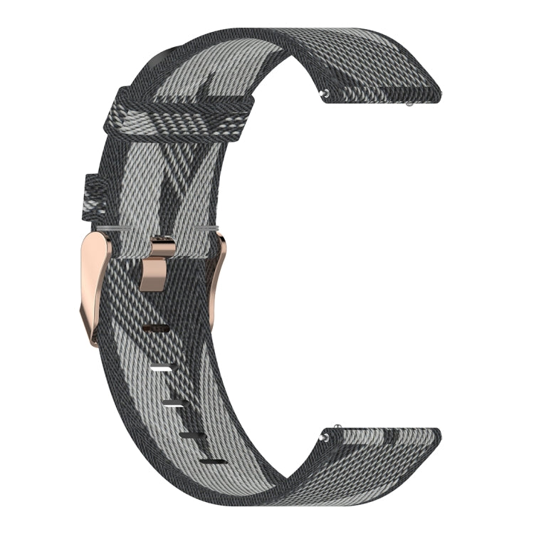 Woven nylon watch strap with striped pattern, dark grey and light grey, metal clasp.