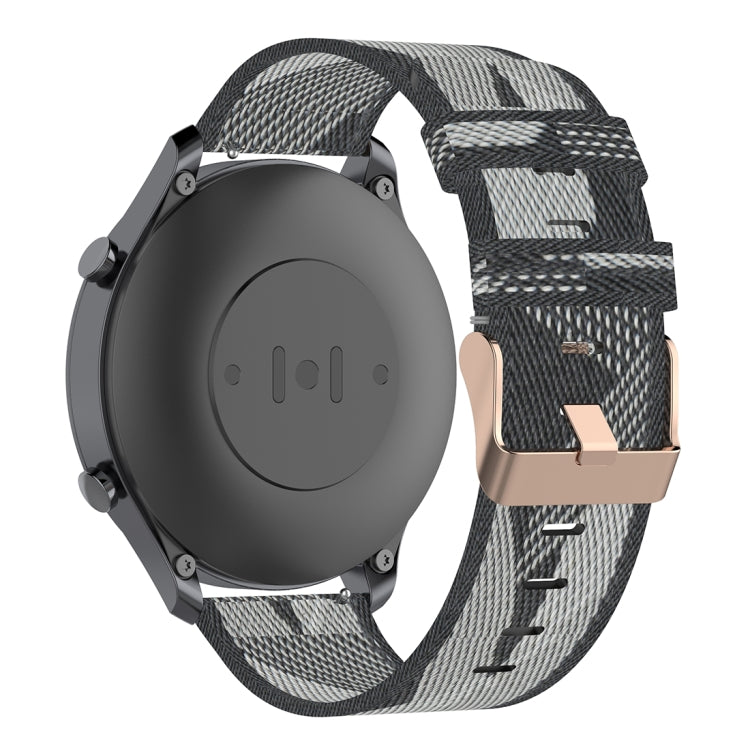 22mm woven nylon watch strap with stripe pattern, dark grey and light grey, metal buckle.