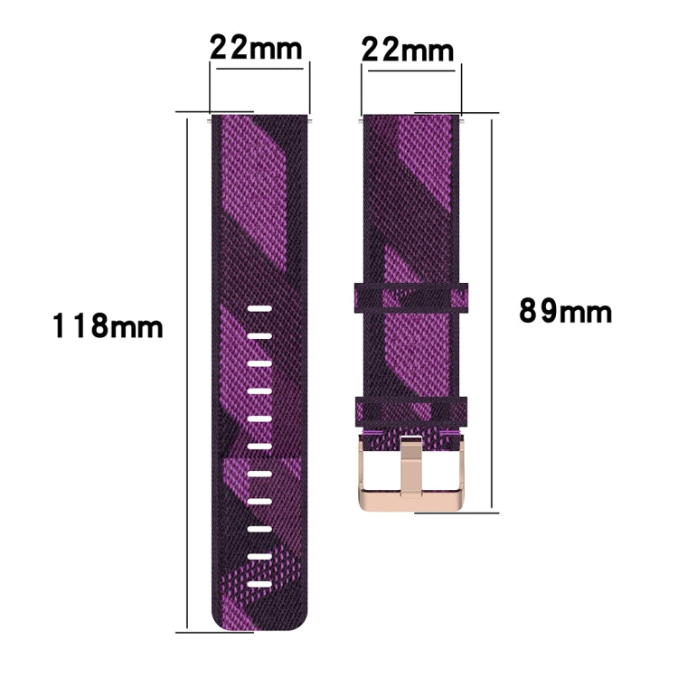 Purple woven nylon watch strap with stripe pattern, metal buckle, size diagram shown.