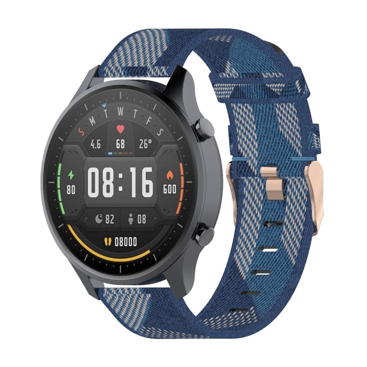 Woven nylon watch strap with stripe pattern, blue and light blue, metal buckle.