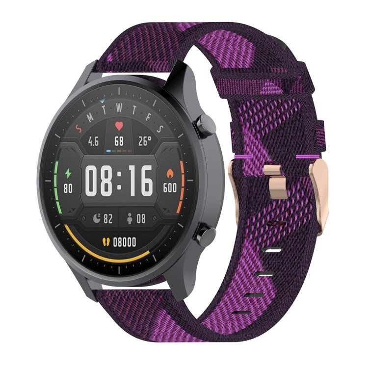 22mm woven nylon watch strap with stripe pattern, purple and dark purple, metal buckle.
