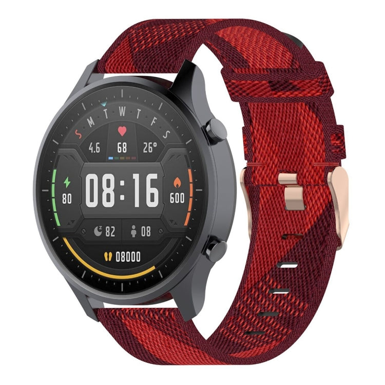Woven nylon watch strap with stripe pattern, red and dark red, metal buckle.