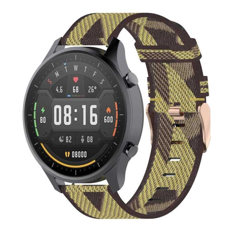 Woven nylon watch strap with stripe pattern, olive green and dark brown, metal buckle.