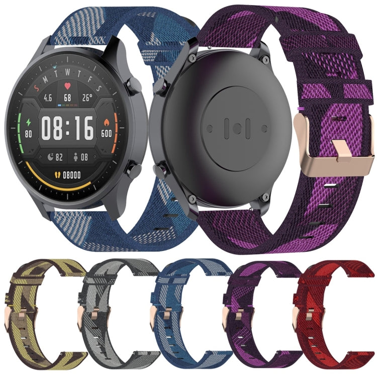 Stripe weave nylon watch wrist strap set, blue and purple, adjustable metal buckle