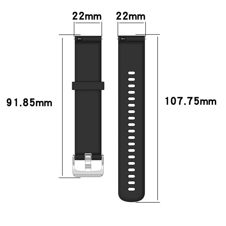 22mm black silicone watch band with measurement guide and metal clasp