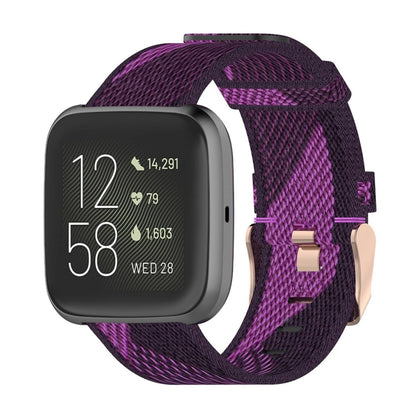 23mm woven nylon watch strap with purple stripe weave, adjustable metal pin buckle.