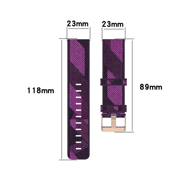 Purple stripe weave watch strap dimensions: 23mm width, 118mm length.